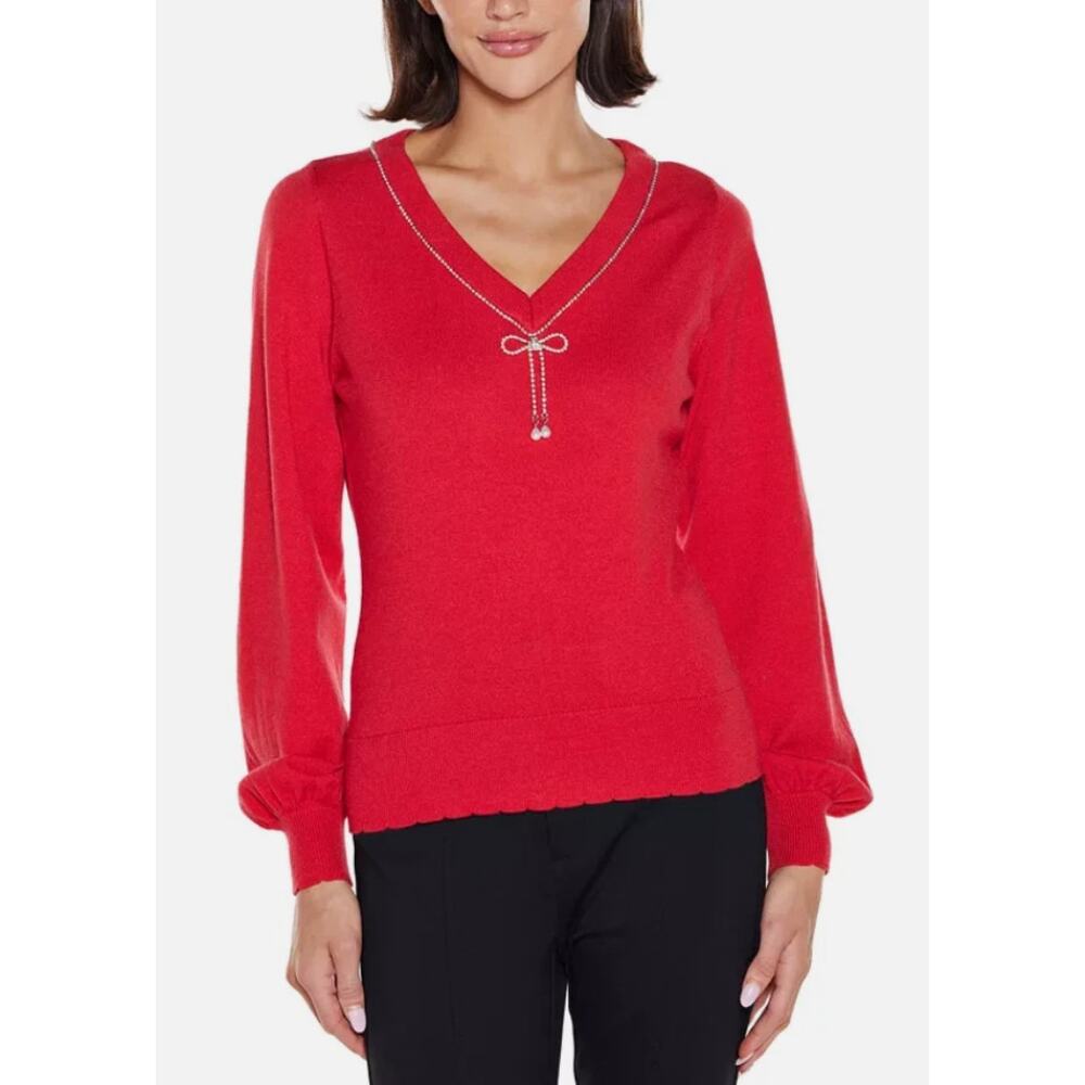 Belldini Women's V-Neck Rhinestone-Bow Sweater Red  Size  2X